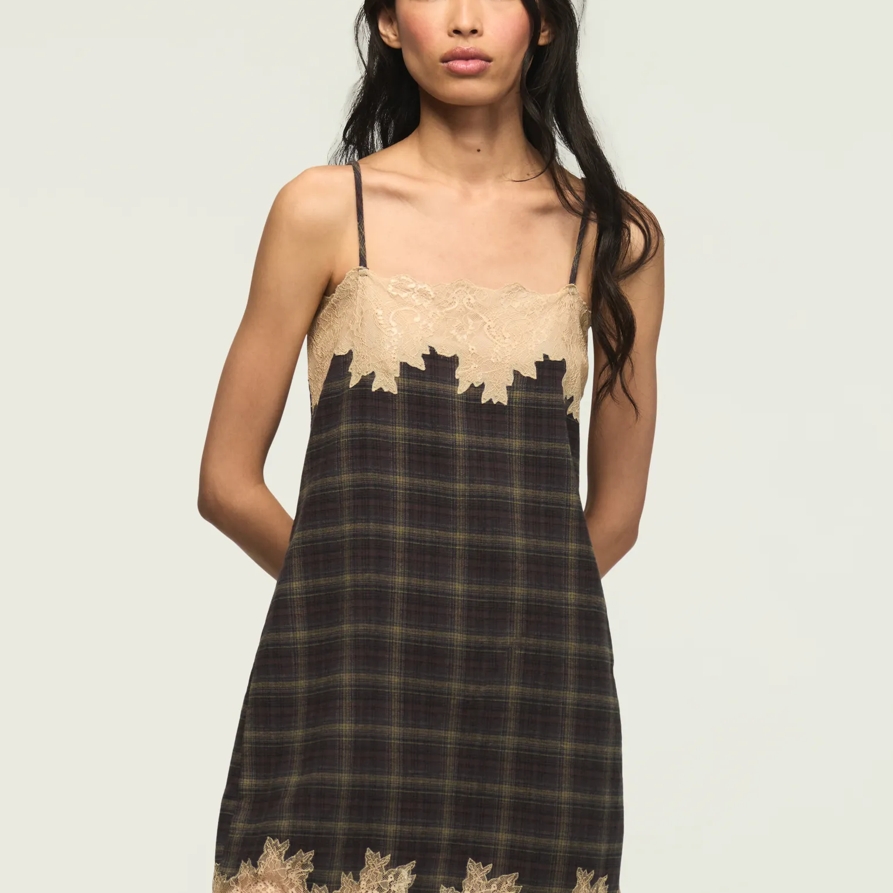 Lucky Brand Plaid Lace Trimmed Mini Dress - Women's Clothing Dresses Mini Dress in Brown Plaid, Size XL