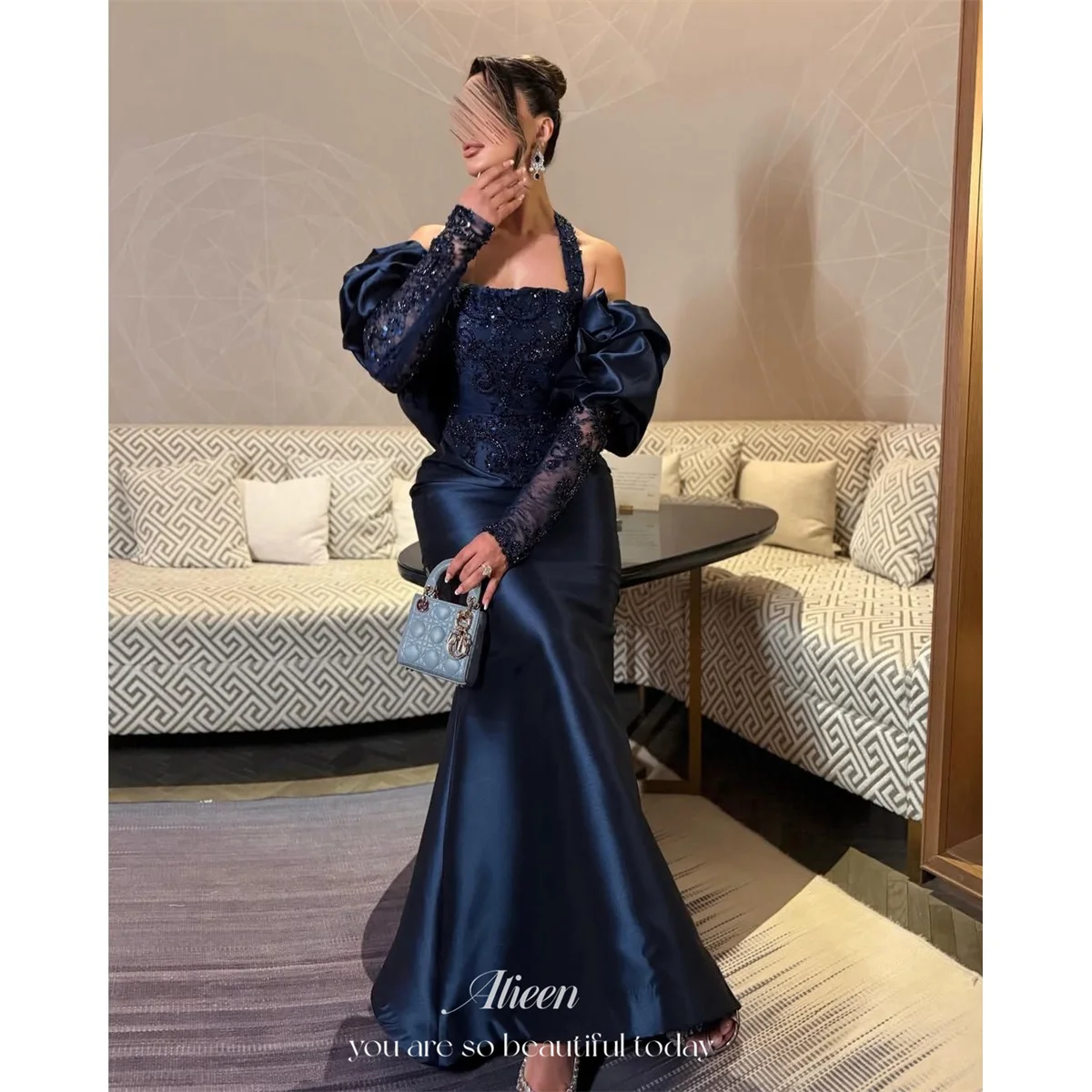 Aileen Satin Square Collar Navy Mermaid Formal Evening Gown Elegant Blue Featuring Puff Sequined Modest Evening Wear Customized