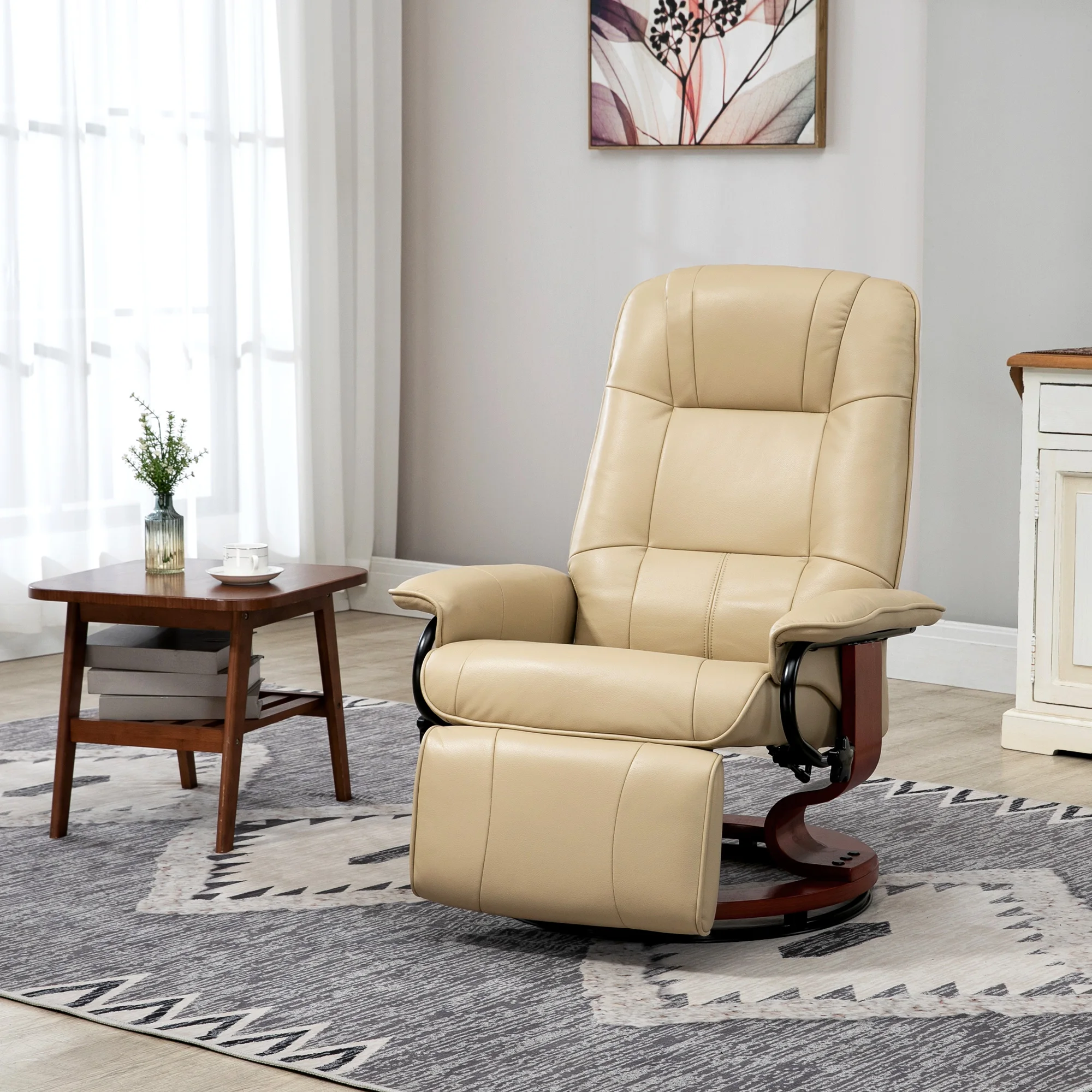 HOMCOM Relaxsessel mit Liegefunktion 360° Drehbar Fernsehsessel mit Verstellbar Rückenlehne, Fußstütze Ruhesessel mit Kunstleder, Holzfuß Liegesessel TV-Sessel für Wohnzimmer Schlafzimmer