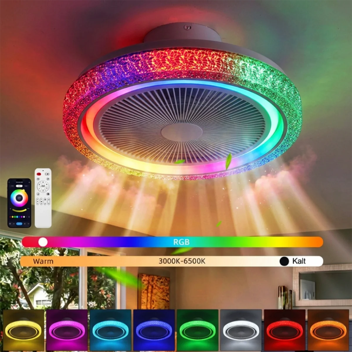 RGB LED Deckenventilator mit Beleuchtung, Fernbedienung, APP- und Bluetooth-Steuerung, dimmbares Musik-Acryl-Ventilatorlicht 50cm für Wohnzimmer und Schlafzimmer, Musikrhythmus, Timer-Funktion