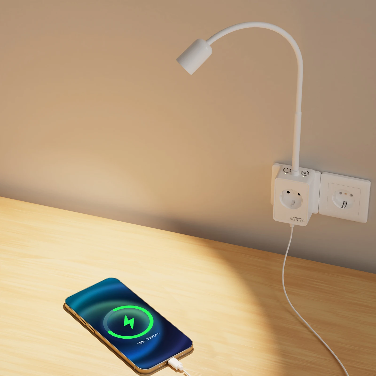 LED Strahler Steckdosenleuchte Dimmbar, Wandlampe Leselampe Wand Weiß mit Stecker und Steckdose für Schlafzimmer, Zwei Berührungsschalter, 3er Lichtfarben Modi, USB Ausgangs Anschlüsse