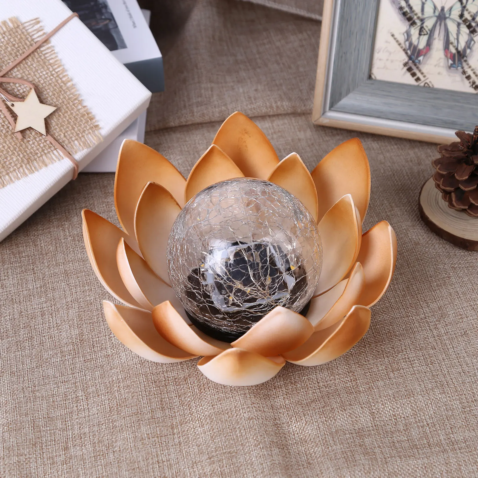 Lampes solaires de jardin, boule de verre craquelée, lumière de lotus, ornement artistique, décoration de jardin, sculpture artistique, lampe de jardin
