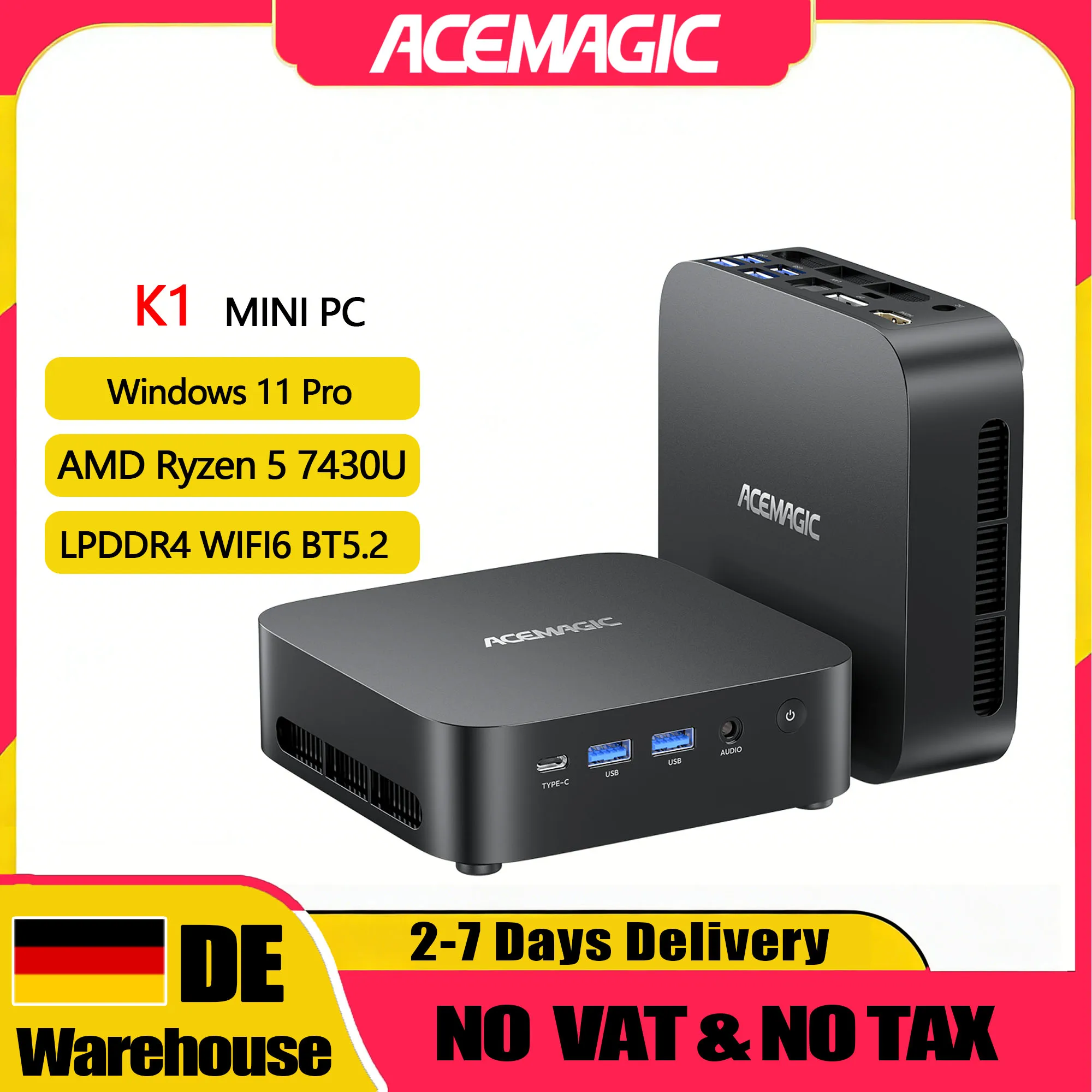 ACEMAGIC K1 Mini-PC - AMD Ryzen 5 7430U Mini-PC - 16GB LPDDR4 512GB PCIe M.2 SSD - Mini-Computer (6C/12T, insgesamt 4,3 GHz) - Desktop-Computer mit Radeon-Grafik - WiFi6 - BT5.2