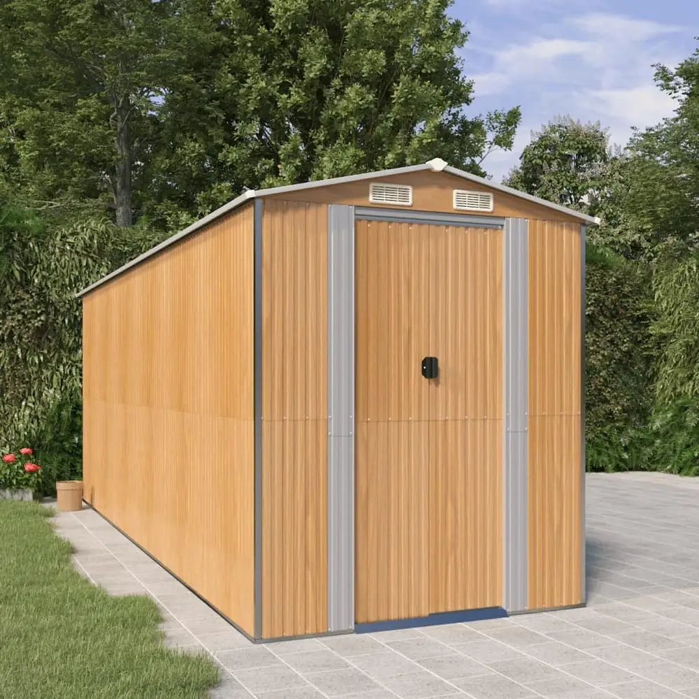 Abri de jardin en acier galvanisé marron clair 192 x 523 x 223 cm, modèle large et robuste pour grands jardins, rangement de vélos, outils de jardin, espace de rangement extérieur pratique