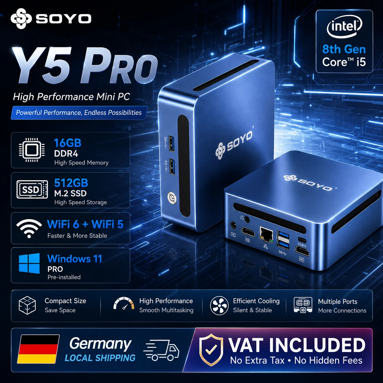SOYO Mini-PC Y5 Pro 8. Generation Intel Core I5 CPU (4 Kerne und 8 Threads) 16GB DDR4 RAM 512GB M.2 SSD Windows 11 PRO HDMI-kompatibel*2 Unterstützt 4K-Ausgabe Voll ausgestatteter Typ-C WiFi 6 Mini-Desktop-Computer