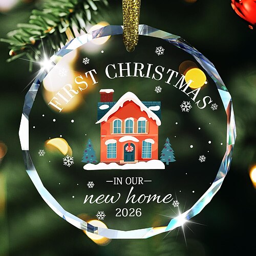 Primo Natale nella nostra nuova casa 2026, ornamento in vetro, targa natalizia personalizzata da appendere, ornamento per la nuova casa per coppie e famiglie, regalo per la decorazione dell'albero di