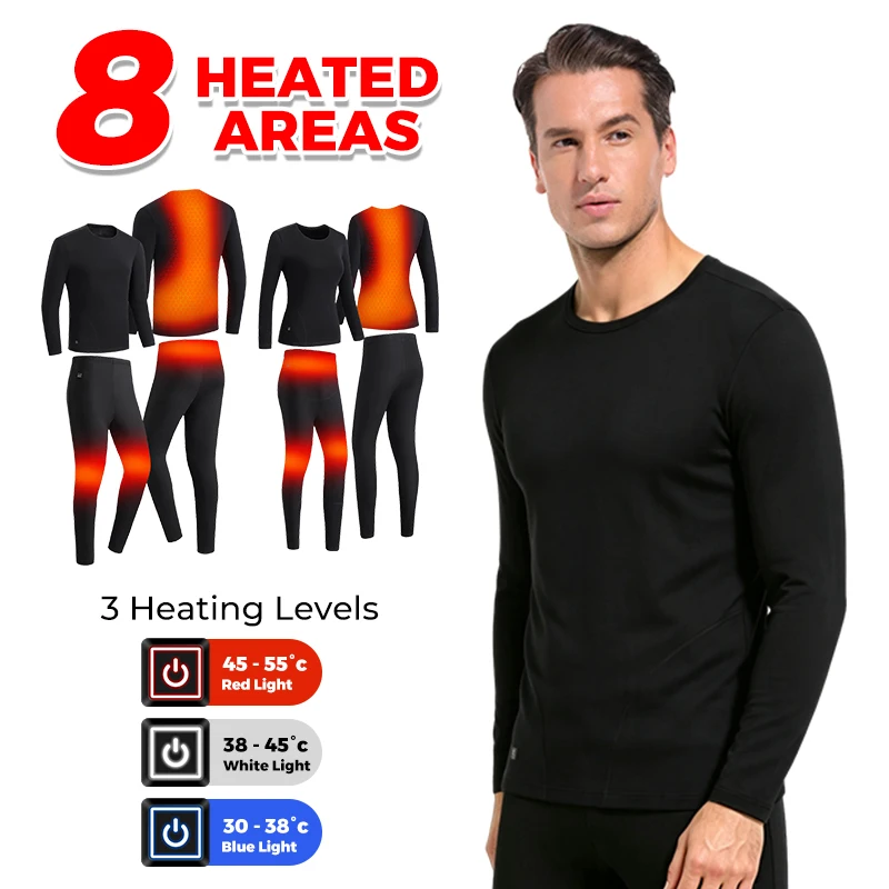 Ensemble de sous-vêtements thermiques chauffants USB à 8 zones, 3 niveaux de température, couche de base pour l