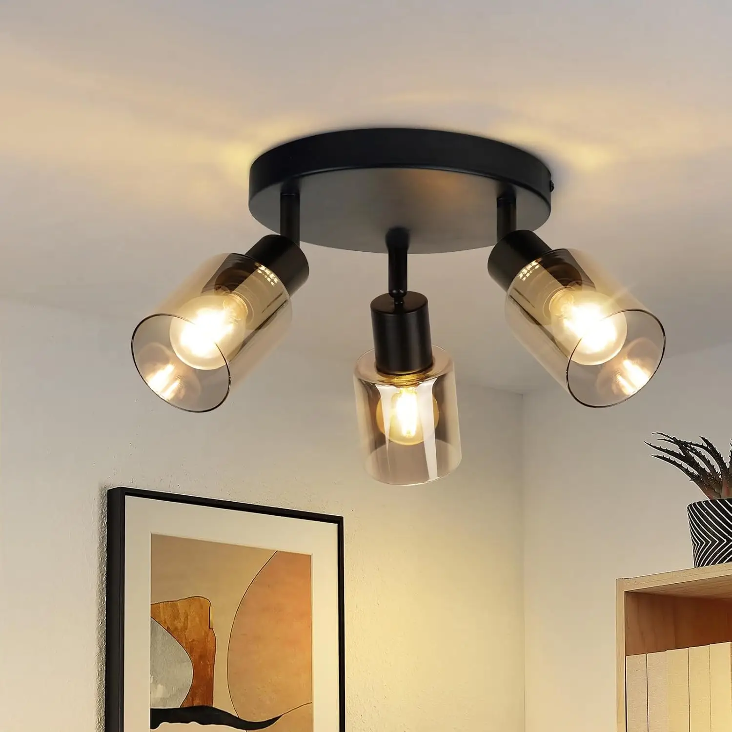 Deckenstrahler 3 flammig Schwarz: Vintage Deckenleuchte retro Deckenlampe E14 Industrial Deckenspots Flur aus Glas und Metall Schwenkbar Spotleuchte für Küche Wohnzimmer Ohne Leuchtmittel