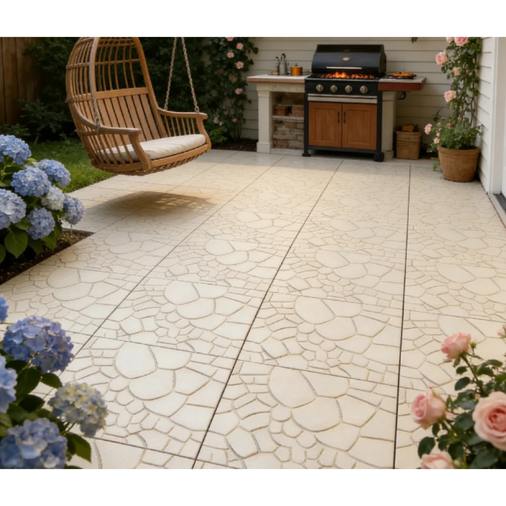 DIY-Verbund-Modul-Terrassendielen, 44-teilig, beige, 12 Zoll, Steinoptik, Outdoor-Bodenbelag, schnell zu verlegende Bodenfliesen, praktische Dekoreinheit für Veranda, Poolbereich, Balkon, Hinterhof.