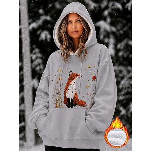 Damen Kapuzenpullover Tasche Druck Grafik Tiermotiv Lässig Langarm Mit Kapuze Crop Tops Lässig Straße Alltagskleidung Rosa Rote Dunkelgray Grau Herbst Winter
