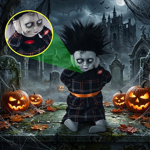 animierte, gruselige Halloween-Puppe mit leuchtenden Haaren und Soundeffekten, süß Gruselige Puppenrequisite für Spukhäuser, Fotografie und Partydekoration
