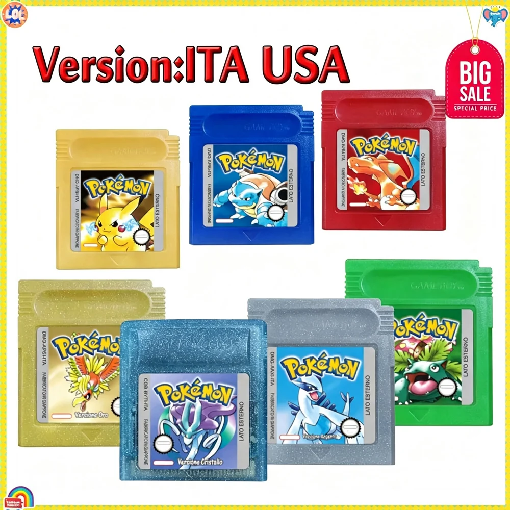 New Pokemon GBC Game Cards 16 Bit Video-Italy English Version Red/Crystal/Blue/Yellow/Gold/Green/Silver Video Game Cartridge