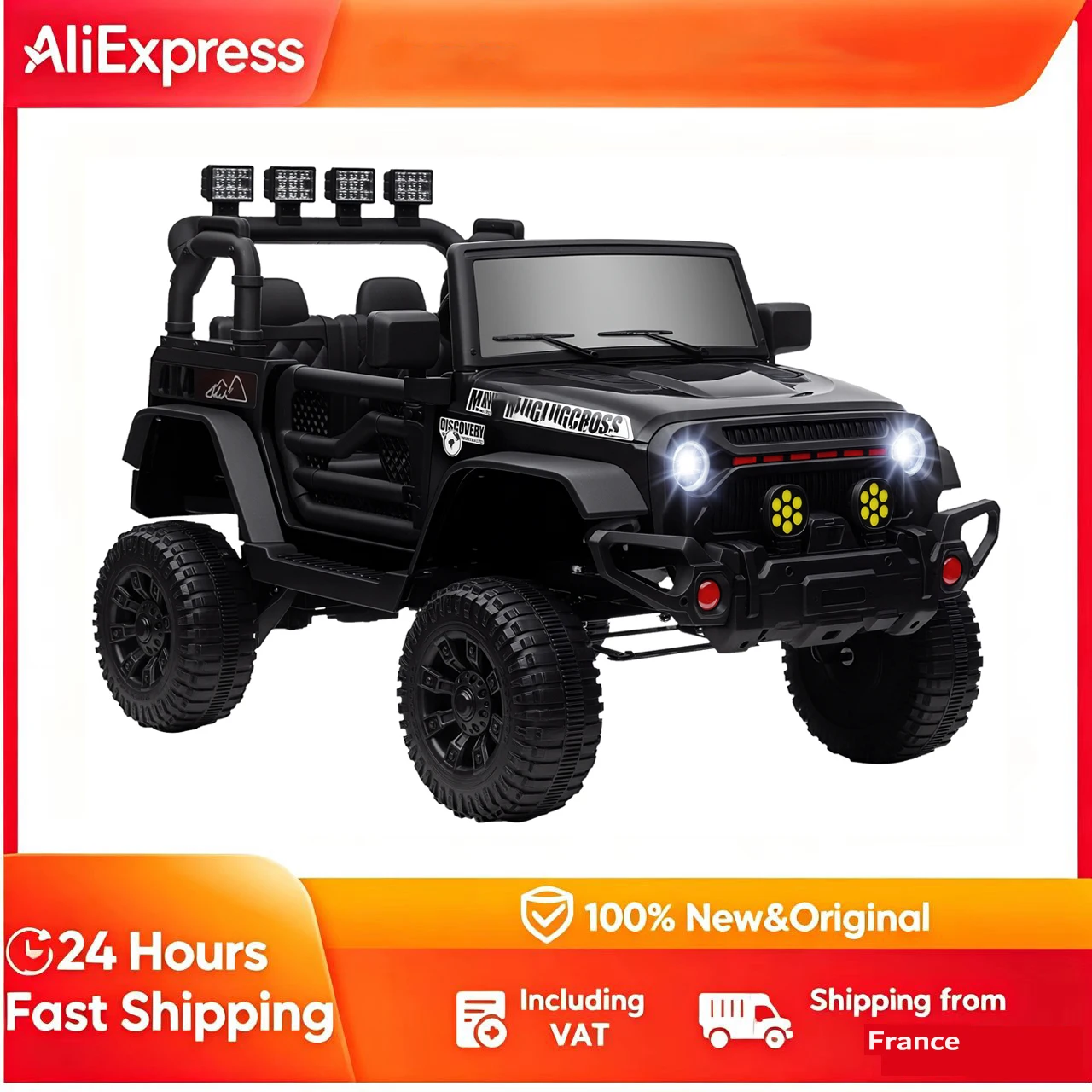 Voiture électrique pour enfants, avec télécommande 2.4G, 2 moteurs 12V, musique, haut-parleurs, lumières LED, 100x63x65cm, noire, voiture jouet pour enfants, voiture jouet électrique, poussette à