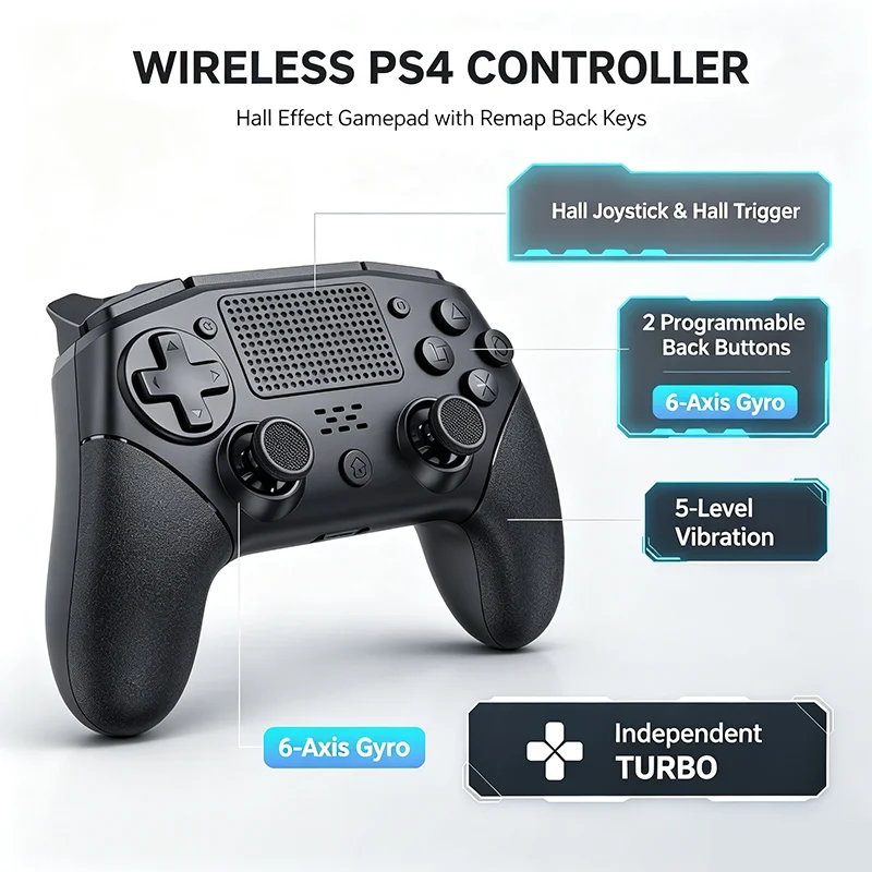 For PS4 Game Controller Hall Effect Joystick Trigger, Remappable Back Keys, Turbo Function Wireless Gamepad for Playstation 4