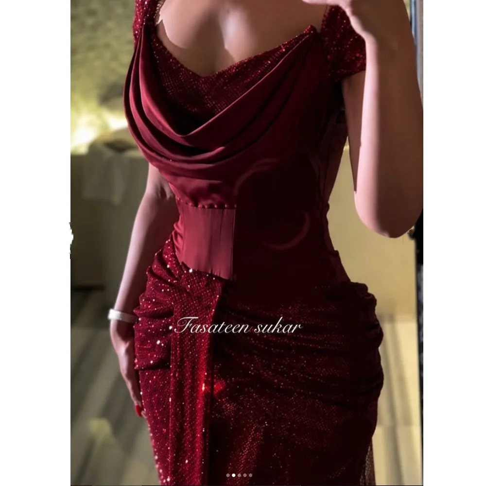 Sequin Off The Shoulder Burgundy Mermaid Evening Dress 2026 Prom Dress Formal Robes De Soirée Elegant Women's Customized