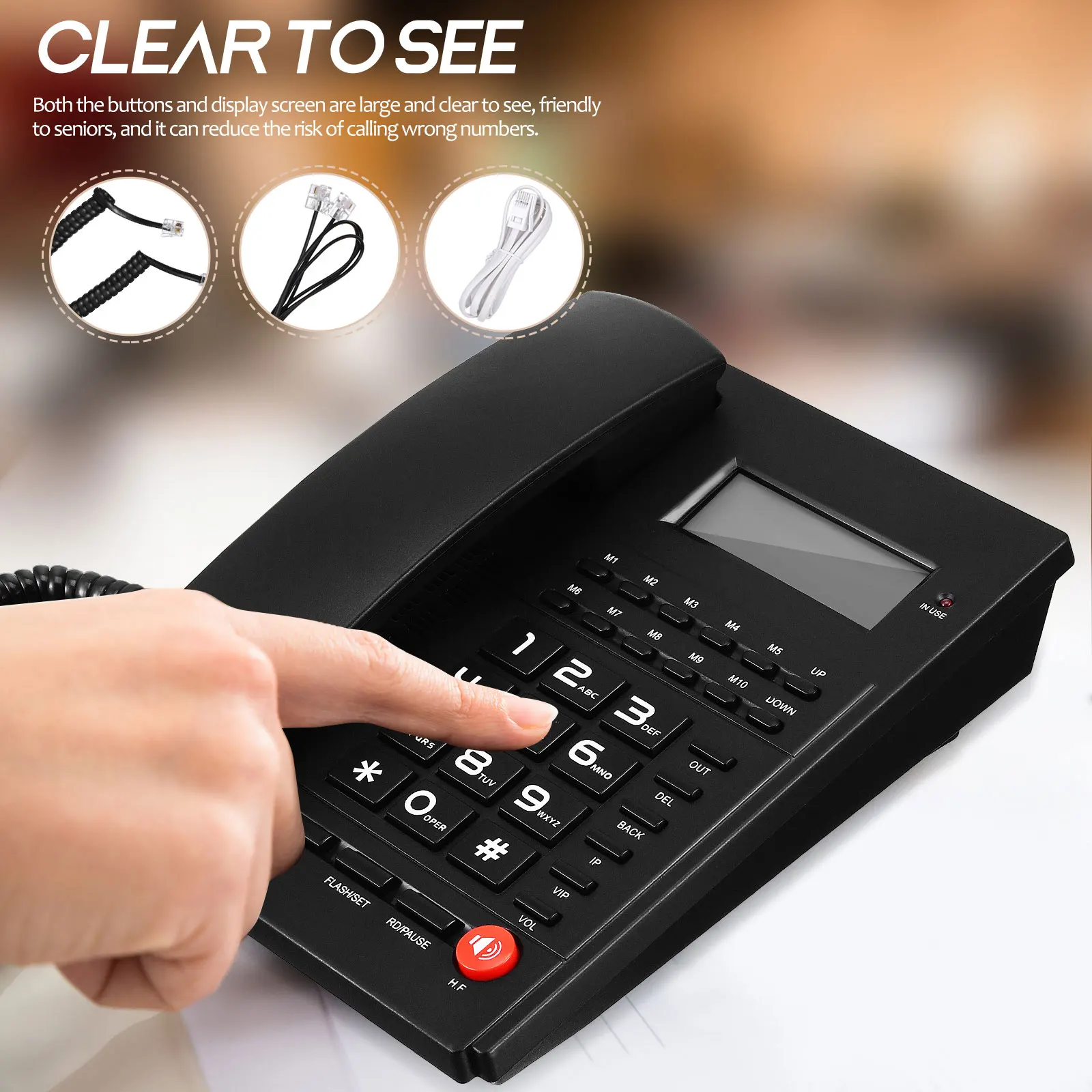 Black Corded Landline Telephone with Large Number Buttons, Display Desk Phone with Hands Free Calling and Speed Dial Function for Home Office Use