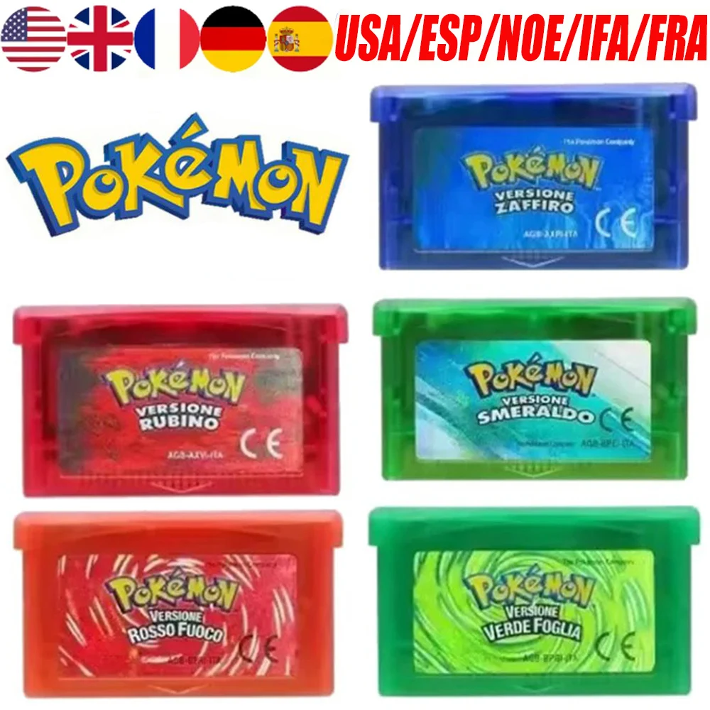 High Quality Pokemon GBA Game Card 32 Bit Video Game Series, Ruby/Sapphire/Merald/Fire Red/Green Leaf GBA Game Cartridges
