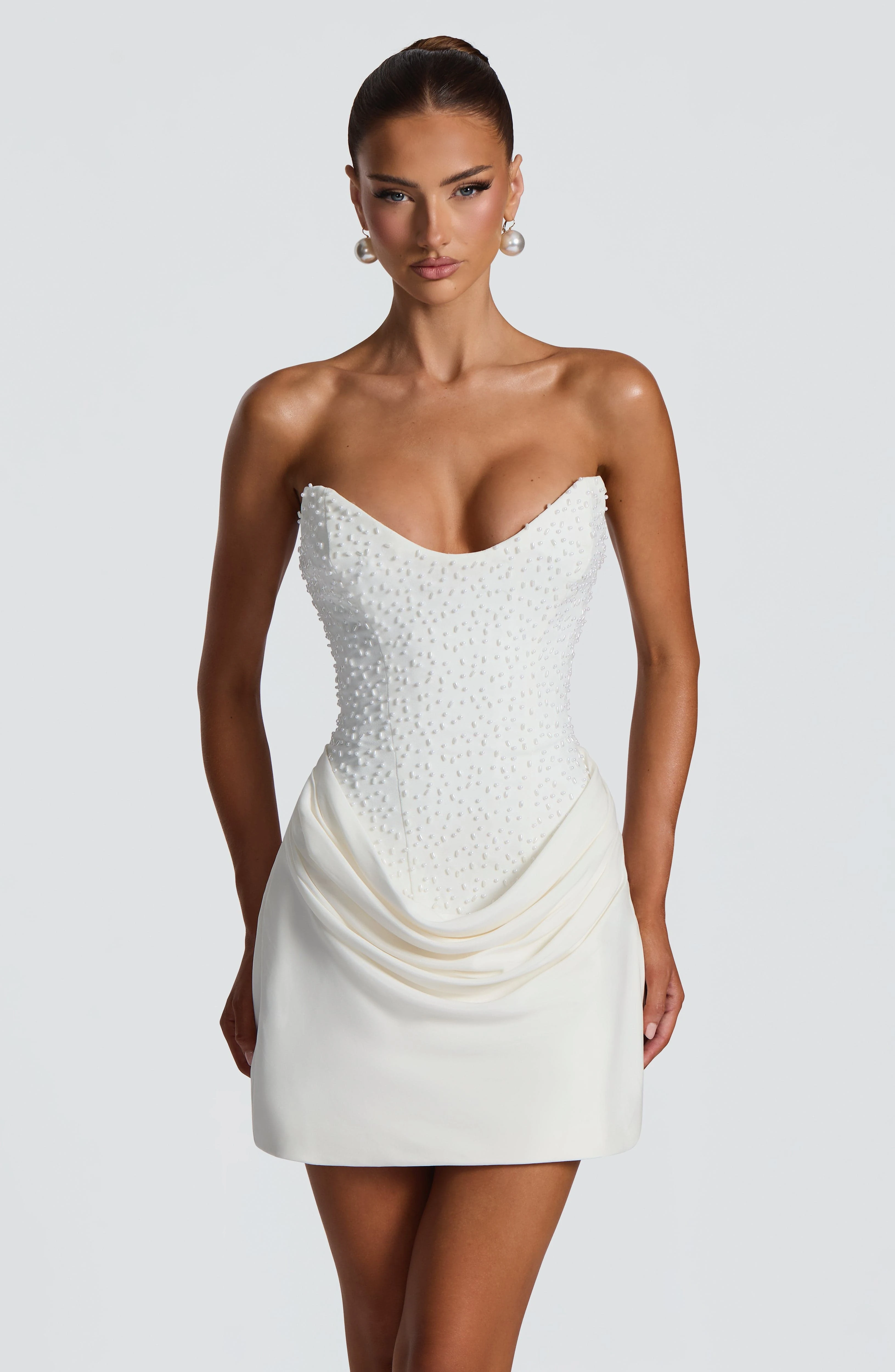 Women Off Shoulder Strapless Corset Mini Dress Beaded Rhinestone Bustier Draped Bodycon Short Dress Wedding Bridal Vestidos