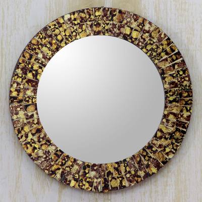 Golden Beach,'Gold and Brown Glass Wall Mirror with Round Mosaic Frame'