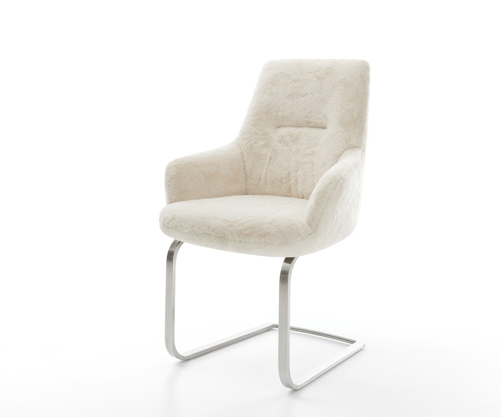 DELIFE Freischwinger Zelia-Flex mit Armlehnen Plüsch Creme-Weiß Freischwinger flach Edelstahl Taschenfederkern, Esszimmerstühle