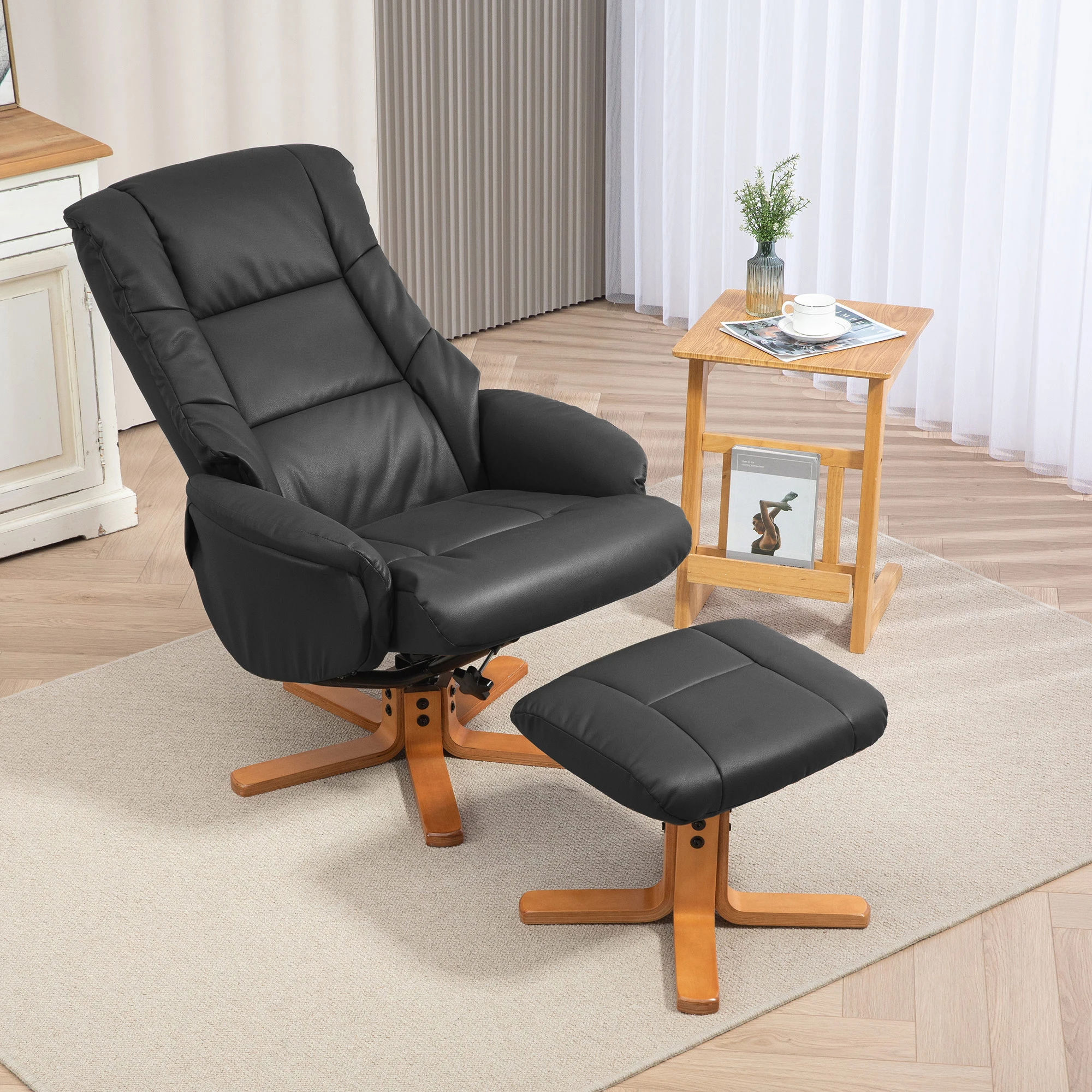 HOMCOM Relaxsessel mit Hocker, Fernsehsessel mit Liegefunktion, Wippfunktion TV Sessel für Wohnzimmer, Schlafzimmer, Kunstleder, Cremeweiß\Schwarz