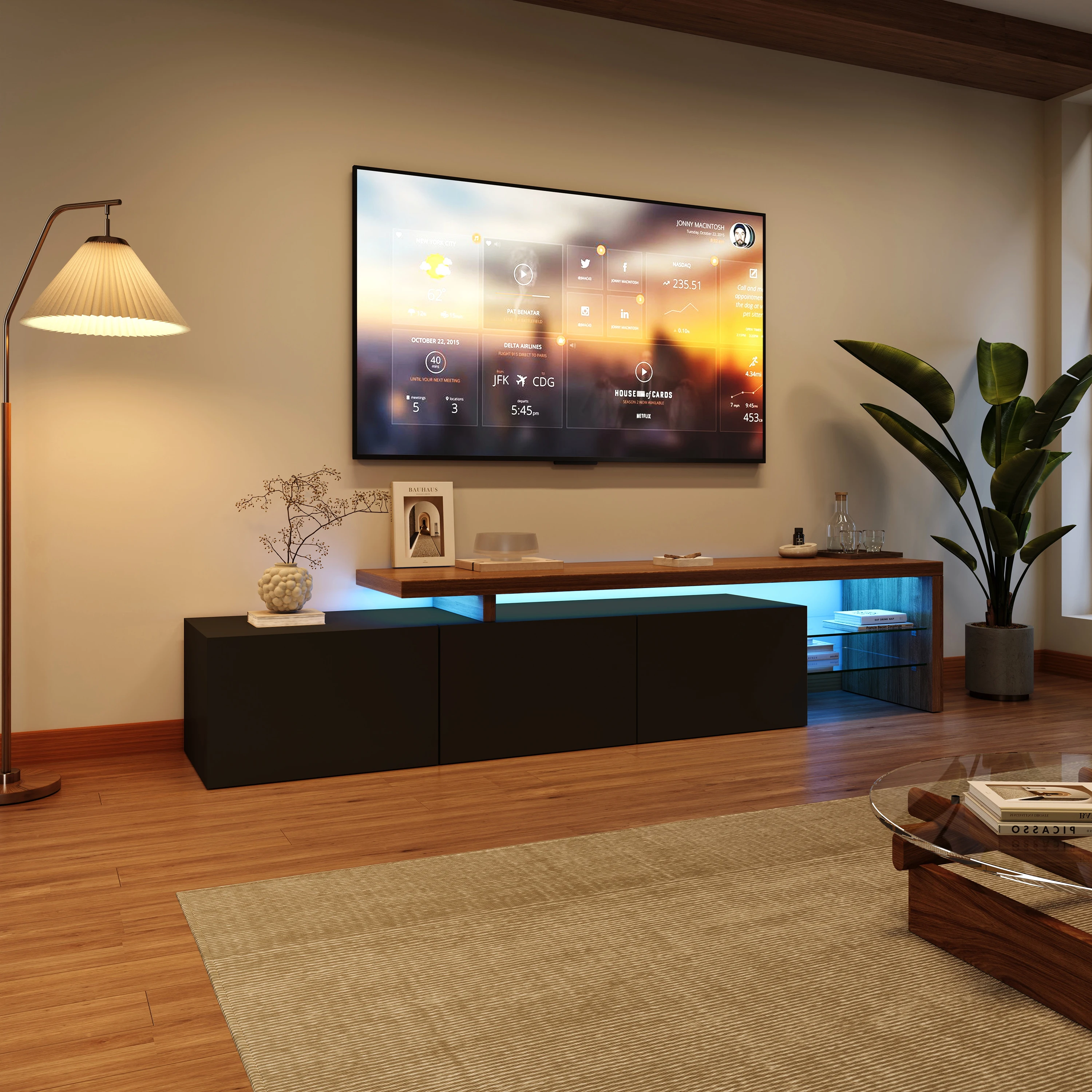 Fangange Moderner TV-Schrank mit LED-Beleuchtung, Holz-TV-Ständer mit Aufbewahrungsschränken, Glasregalen, TV-Konsole Unterhaltungscenter für 55/60/65 Zoll Fernseher