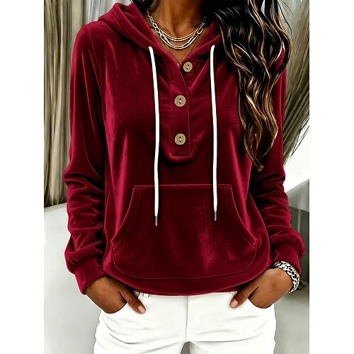 Per donna Felpa con cappuccio in velluto Coulisse Casual Manica Lunga Con Cappuccio Top Regolari Casuale Ferie Rosso violaceo Nero Giallo Blu marino Azzurro cielo Autunno Inverno