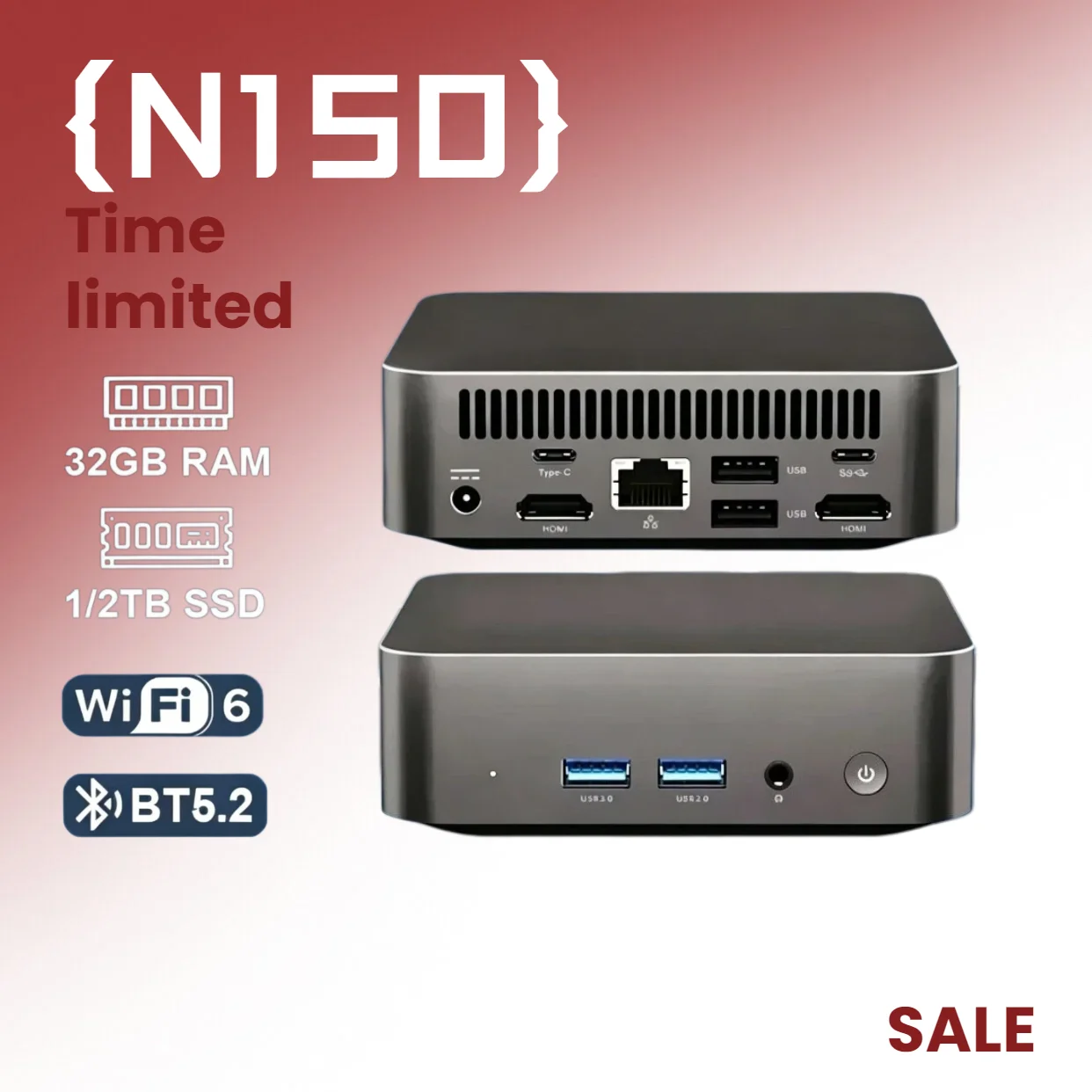 Intel Core N150 Windows 11 Pro Mini 980HK Tragbarer PC Computer 1/2TB SSD 16GB RAM WIFI 6 BT5.2 4K 60Hz HD Gaming Büro Studien-PC