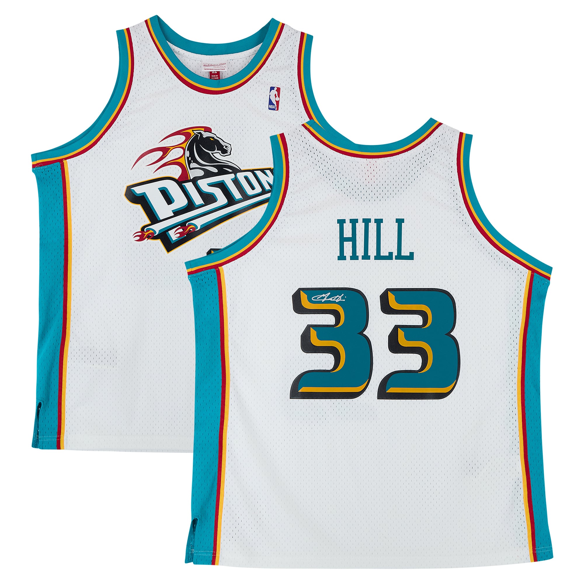 Grant Hill Detroit Pistons signiertes weißes Mitchell & Ness 1998 Swingman-Trikot