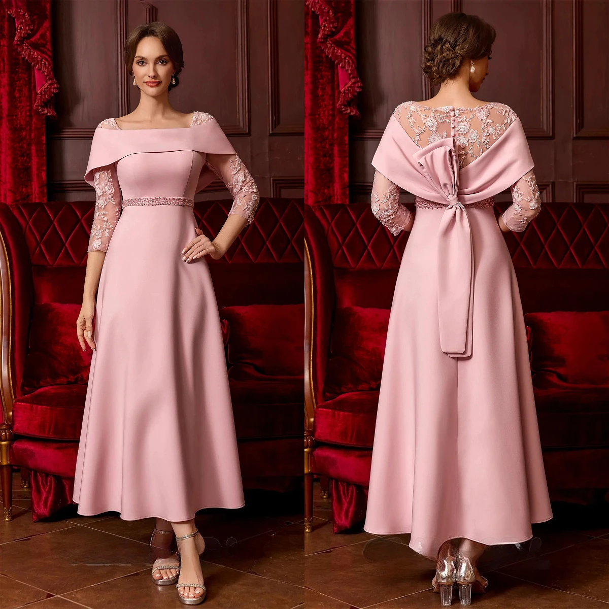 Customized Off Shoulder Midi Mother Of Bride Dress Fold Over Neck Lace 3/4 Sleeve Crystal Beaded Waist A Line Crepe Formal Gown