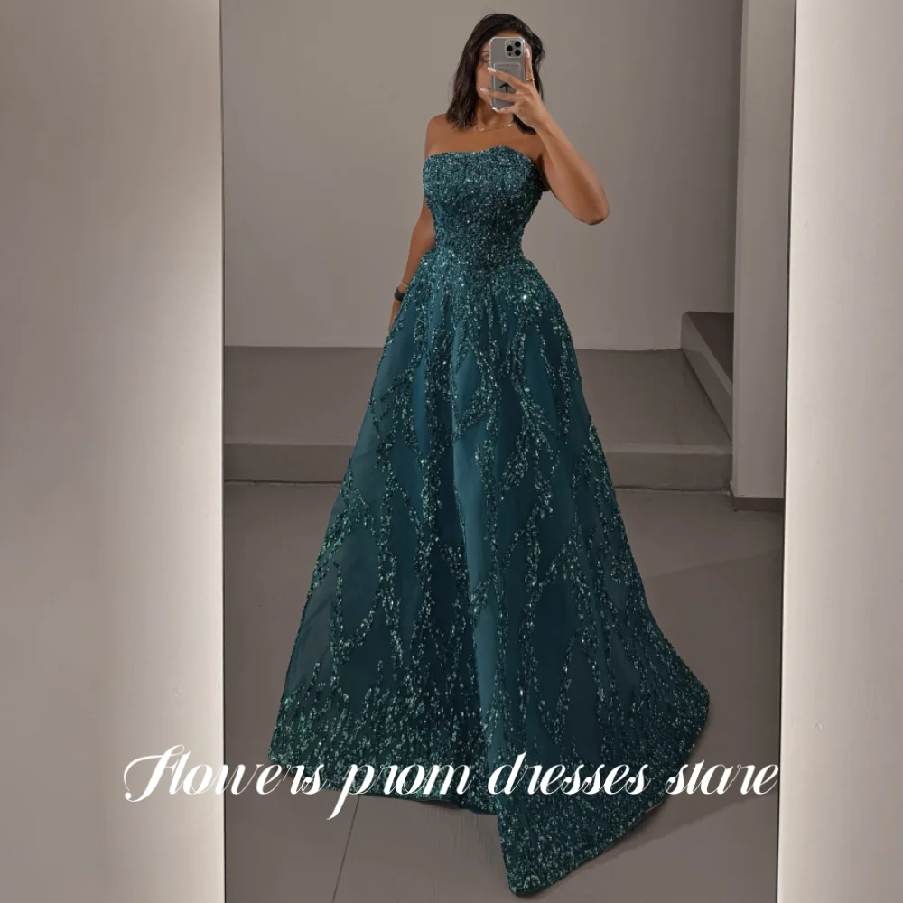 Flowers Glitter Green A Line Romantic Evening Dress Strapless Prom Dresses Luxury Sequin Embellished Celebrity Dress Customized