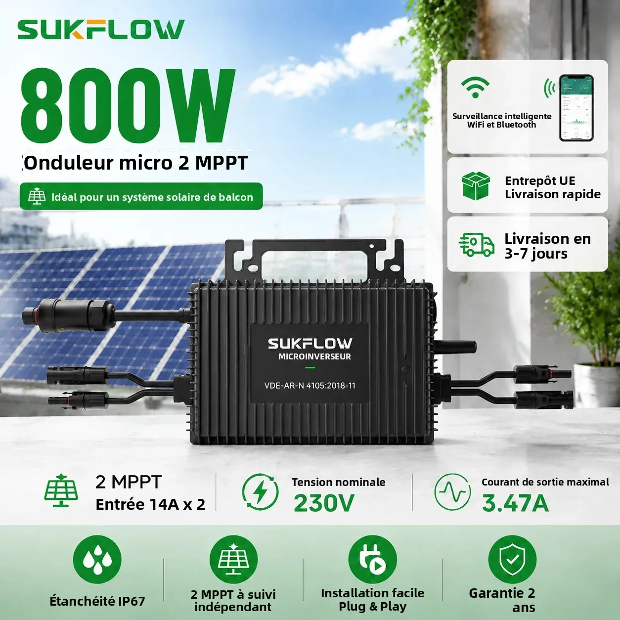 SUKFLOW 800W Micro-onduleur pour système solaire de balcon, onduleur 230V EU, onduleur solaire connecté au réseau avec surveillance WiFi via application, double MPPT, IP67, VDE4105