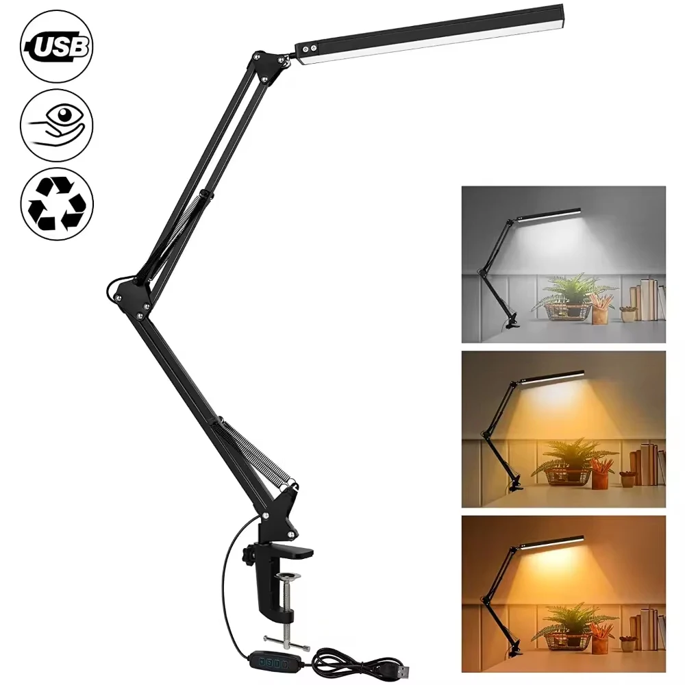 3 Beleuchtungsmodi Neue LED-Schreibtischlampe mit Klemmschwenkarm-Schreibtischlampe, augenschonende, dimmbare Schreibtischleuchte mit 10 Helligkeitsstufen