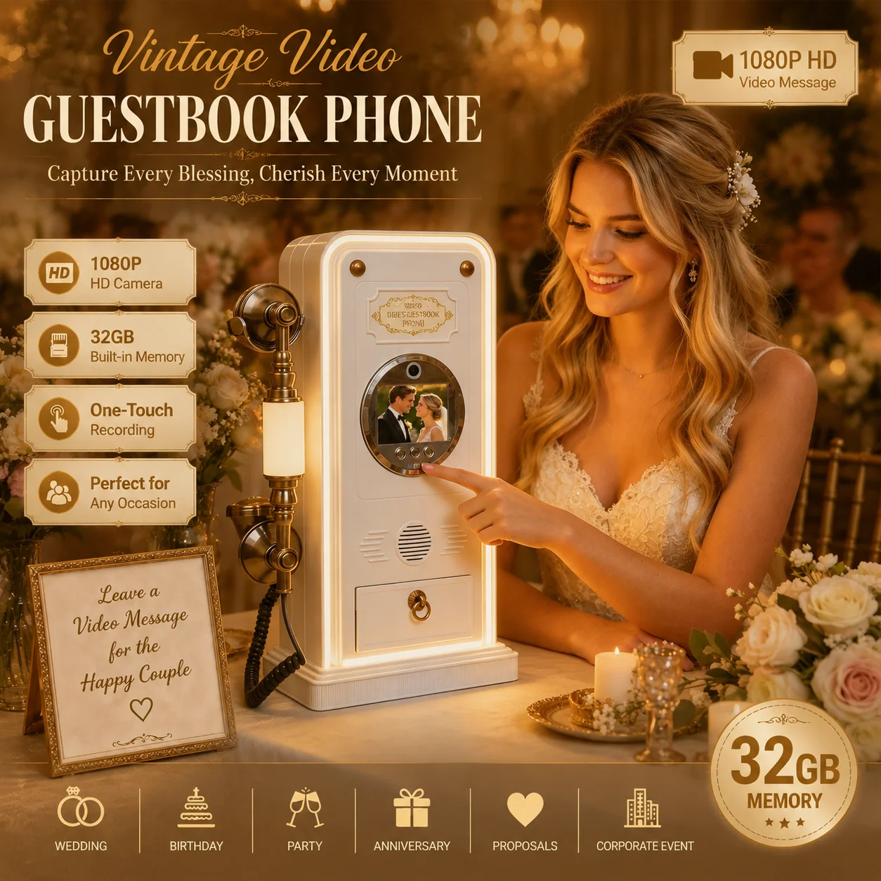 Video Guest Book Telephone for Weddings Record Video Blessings from Guests with 1080P Camera LED Light 32GB Storage Gift Boxed