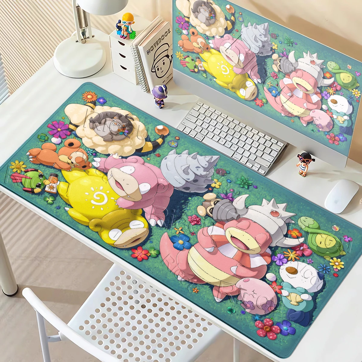 Large Extended Kawaii Pokemon Slowpoke Pattern Desk Mats Anti-slip Rubber Carpet Offices Lovely Anime Lock Edge Gaming Desk Rugs