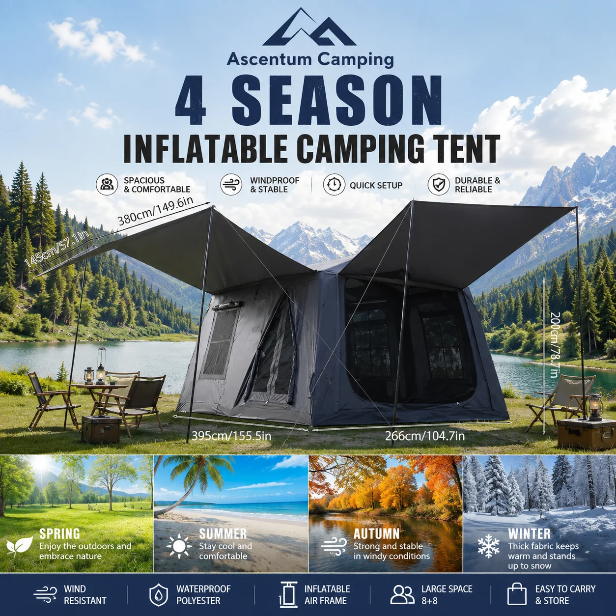 Tente de camping gonflable Ascentum 10,9 m², grande tente familiale en polyester résistante au vent, abri extérieur pour la randonnée, le trekking, les voyages en voiture, les pique-niques, le jardin