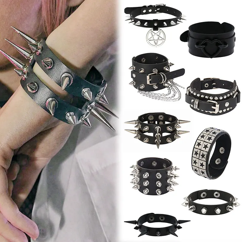 1 Stück Hip-Hop Herren Gothic PU-Leder Nietenarmband Vintage Cosplay Rock Spikes Nieten Chunky Manschette Schwarz Armband Schmuck