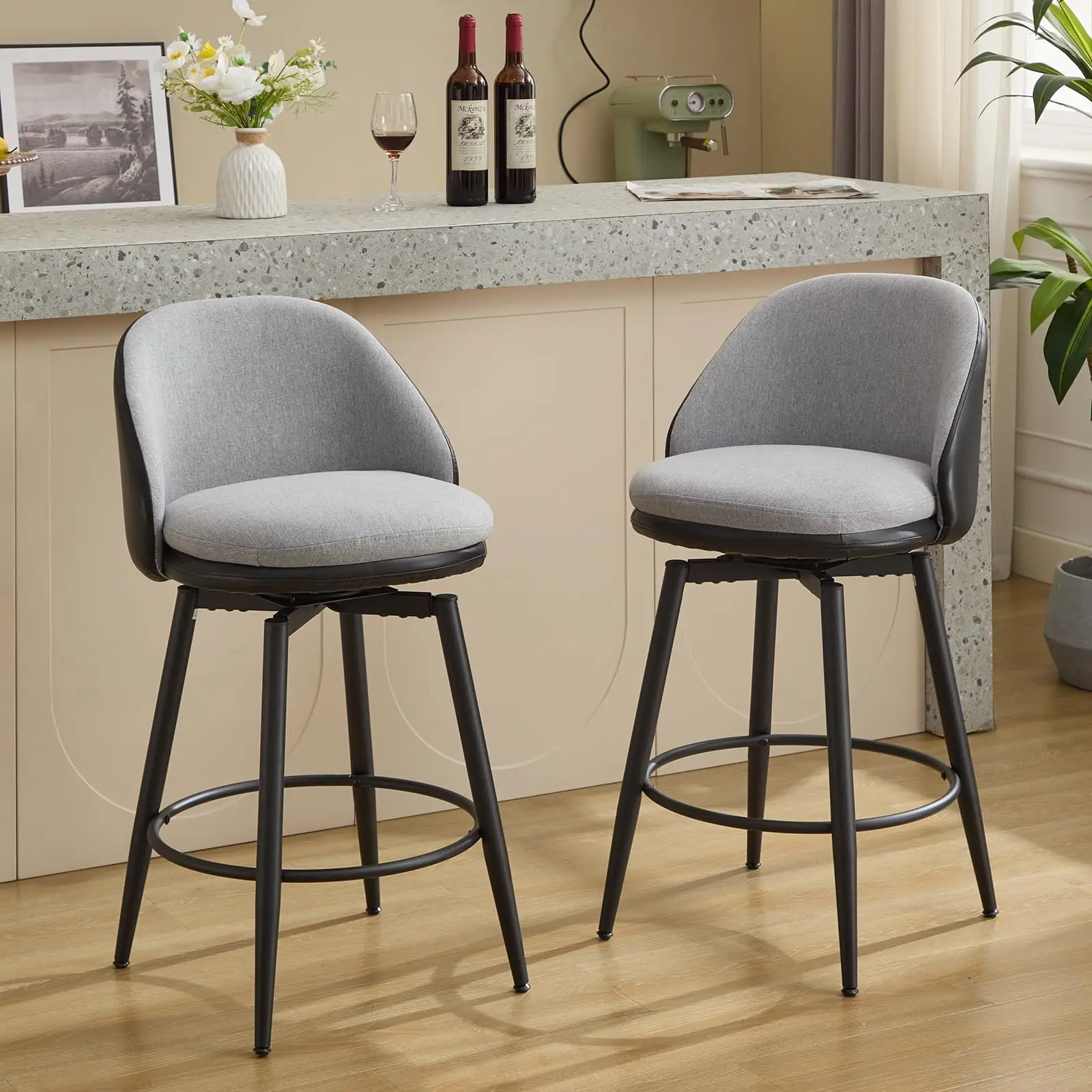 Modern gepolsterte Barhocker 2er Set – 66 cm Sitzhöhe – Ergonomisch mit Rückenlehne & Fußstütze – Komfortabler Barstuhl/Küchenhocker für Kücheninsel, Frühstücksbar oder Hausbar