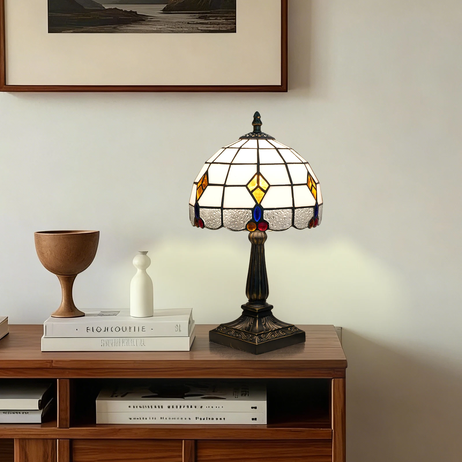 Kleine Tiffany-Lampe, Tischlampe aus Buntglas, Kristall-Quadrat-Stil, 20 cm breiter Lampenschirm, Vintage-Tischlampe für Schlafzimmer und Nachttisch