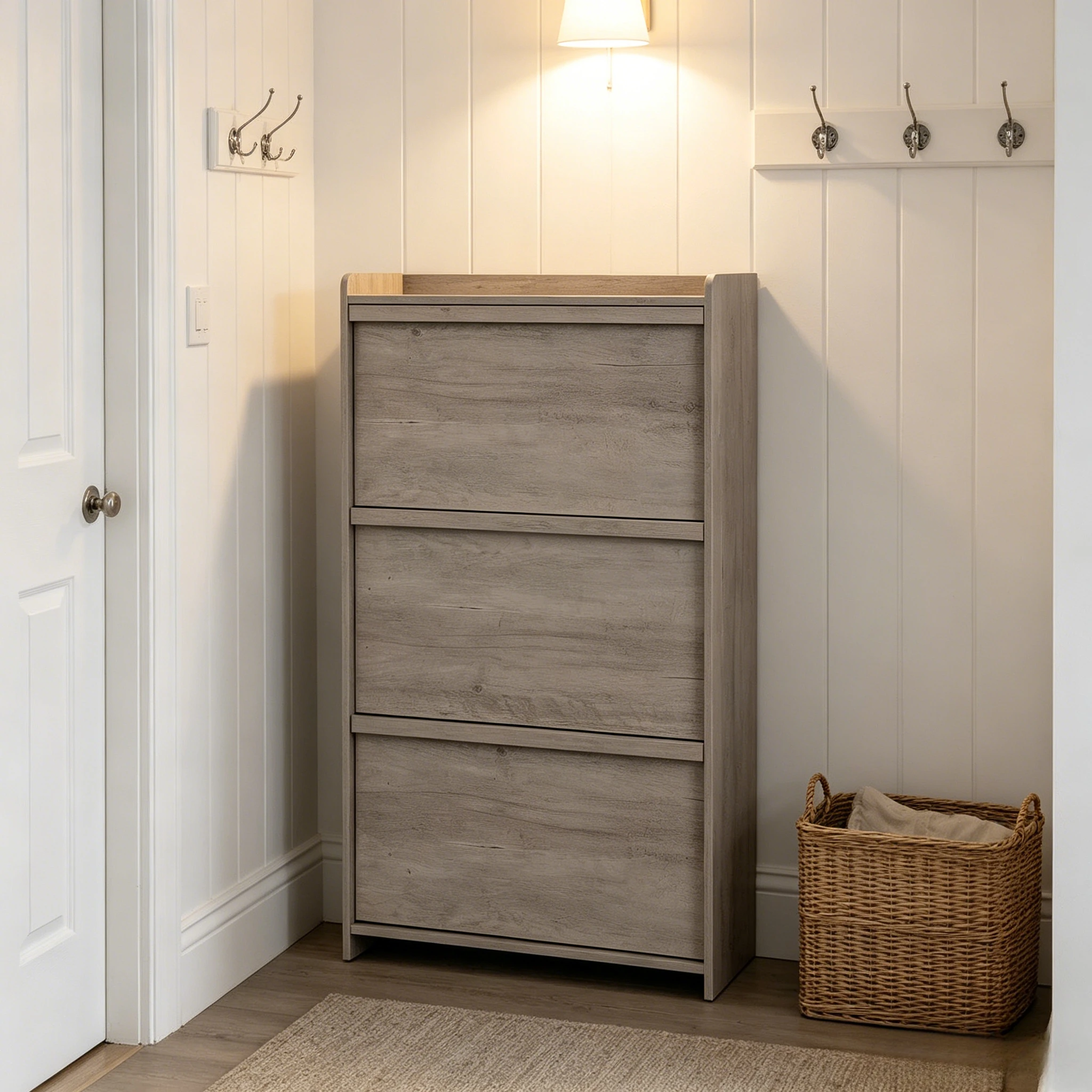 Moderne Minimalität Schuhschrank Aus Holz, Klappen & Verstellbare Einlegeböden, Versteckte Aufbewahrung, Schmal Shoe Cabinet Schuhkipper Schuhe Schrank Fur Flur, 3 Grau