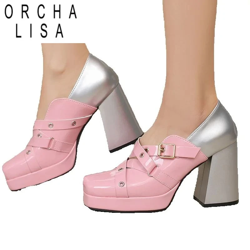 ORCHA LISA 2025 Mode Coole Damenpumps Karree Blockabsätze 9,5 cm Plattform 2 cm Slip On Mischfarbe Große Größe 47 48 US16 Rosa