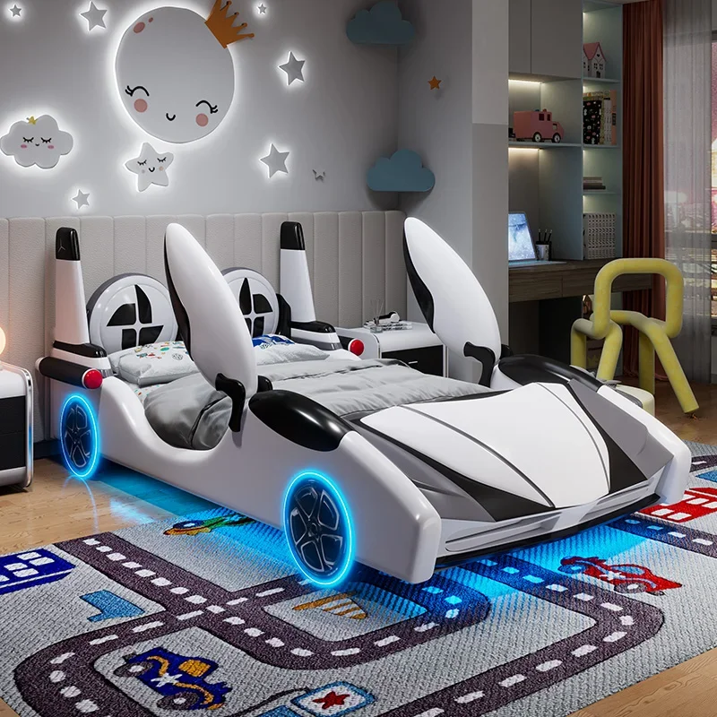 Schlafzimmer-Set Sportwagen-Autobett Kinderbett 150x200cm Modernes Jungenbett Kreativ Multifunktional mit Schutzgeländer Massivholz Lederbett
