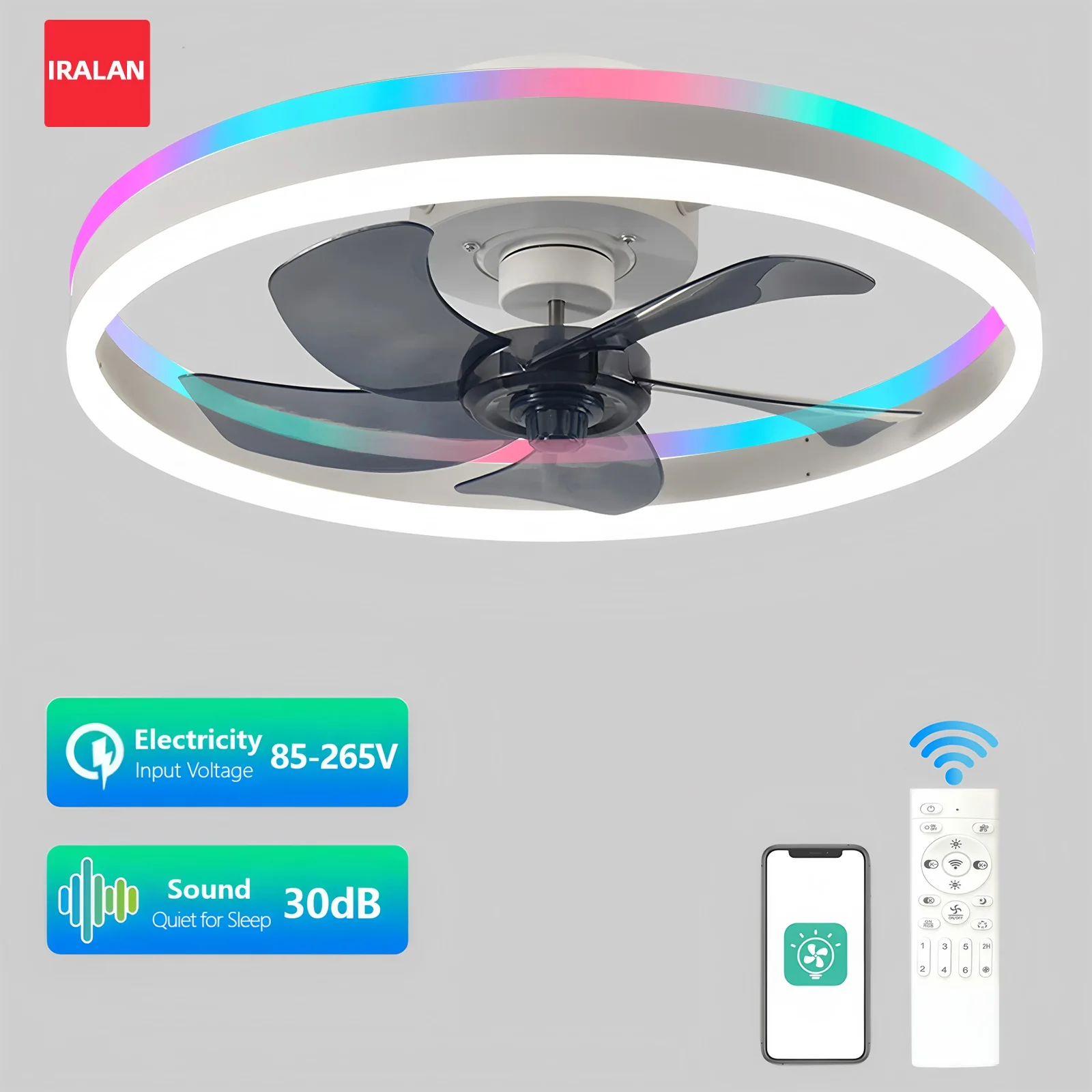 RGB Smart Deckenventilator mit Beleuchtung, Acryl, Fernbedienung, App-Steuerung, Dimmbar, 6 Geschwindigkeiten, für Schlafzimmer, Haushalt