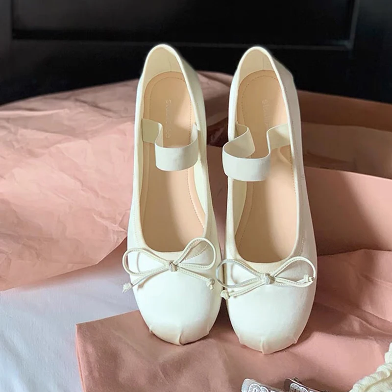 Frauen Schuhe Satin Flache Mary Janes Ballett Designer Schuhe Elastische Band PU Leder Pumpen Elegante Frau Schuhe Mit Hohen Absätzen Damen 2023