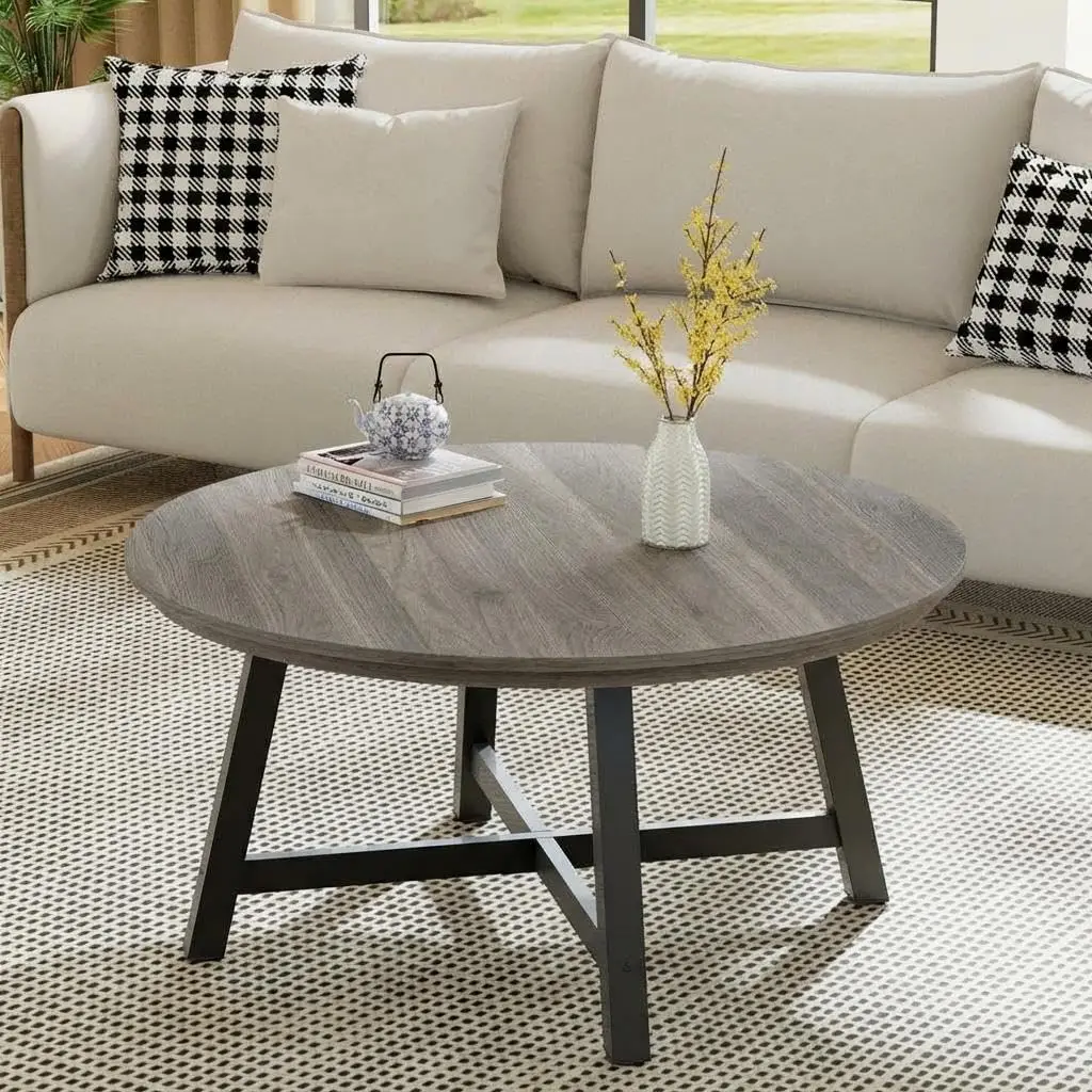 90 cm runder Couchtisch für das Wohnzimmer, moderner Industriestil, Holzplatte und Metallbeine, Couchtisch für Wohnzimmer, Büro und Empfang, Grau