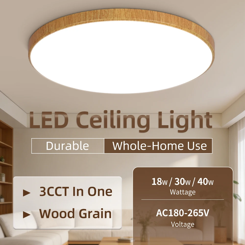 220V Deckenleuchte mit Einzellicht und 3 Farben, LED-Deckenlampe mit Holzmaserungsoberfläche, 30W/40W, Heimdekor-Beleuchtung