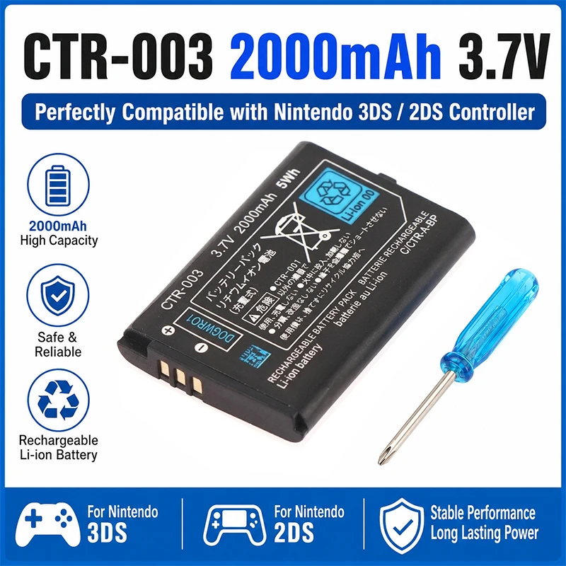 PURFIELD CTR-003 Akku, 2000mAh 3,7V Li-Ionen-Ersatzakku für Nintendo 3DS/2DS Spielekonsole, Zelle mit Reparatur-Werkzeugset
