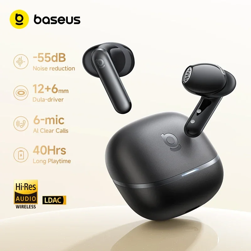 Baseus Bowie MS1 -55dB Adaptive ANC Ohrhörer Semi-In-Ear Kabellose Bluetooth 6.0 Kopfhörer Stabile Passform Hi-Res Audio Headset