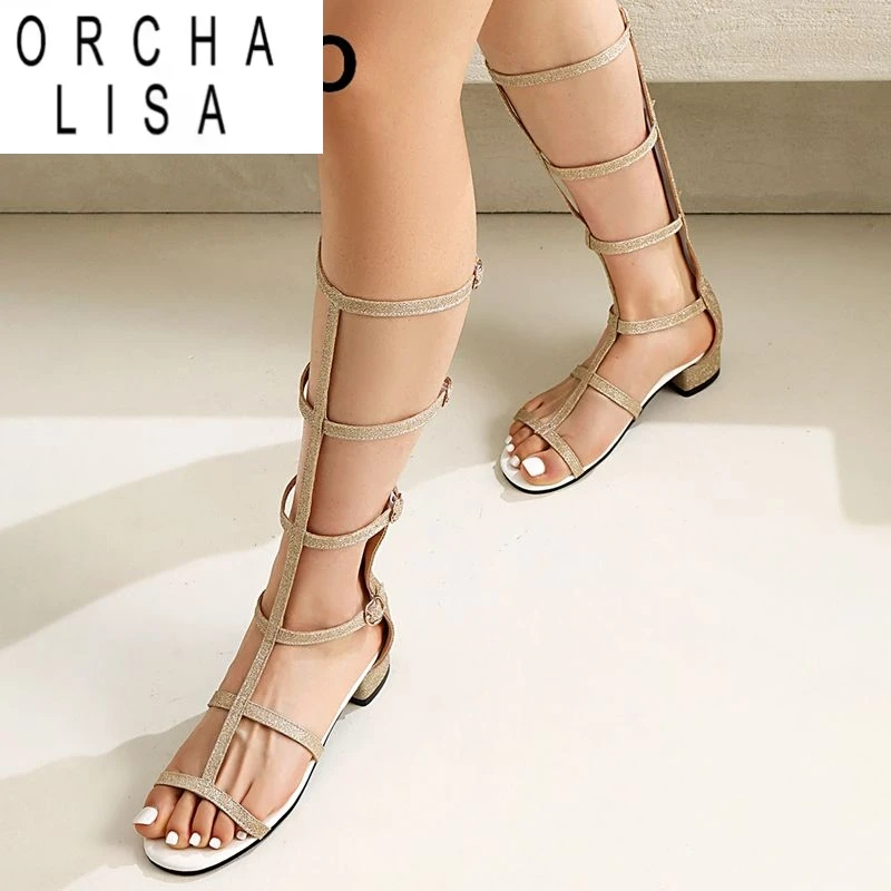 ORCHA LISA 2025 Glänzende Weibliche Sandalen Offene spitze Mid Heels 3 cm Mode Dating Frauen Schuhe Zipper Gürtel Schnallen Große größe 45 46 47