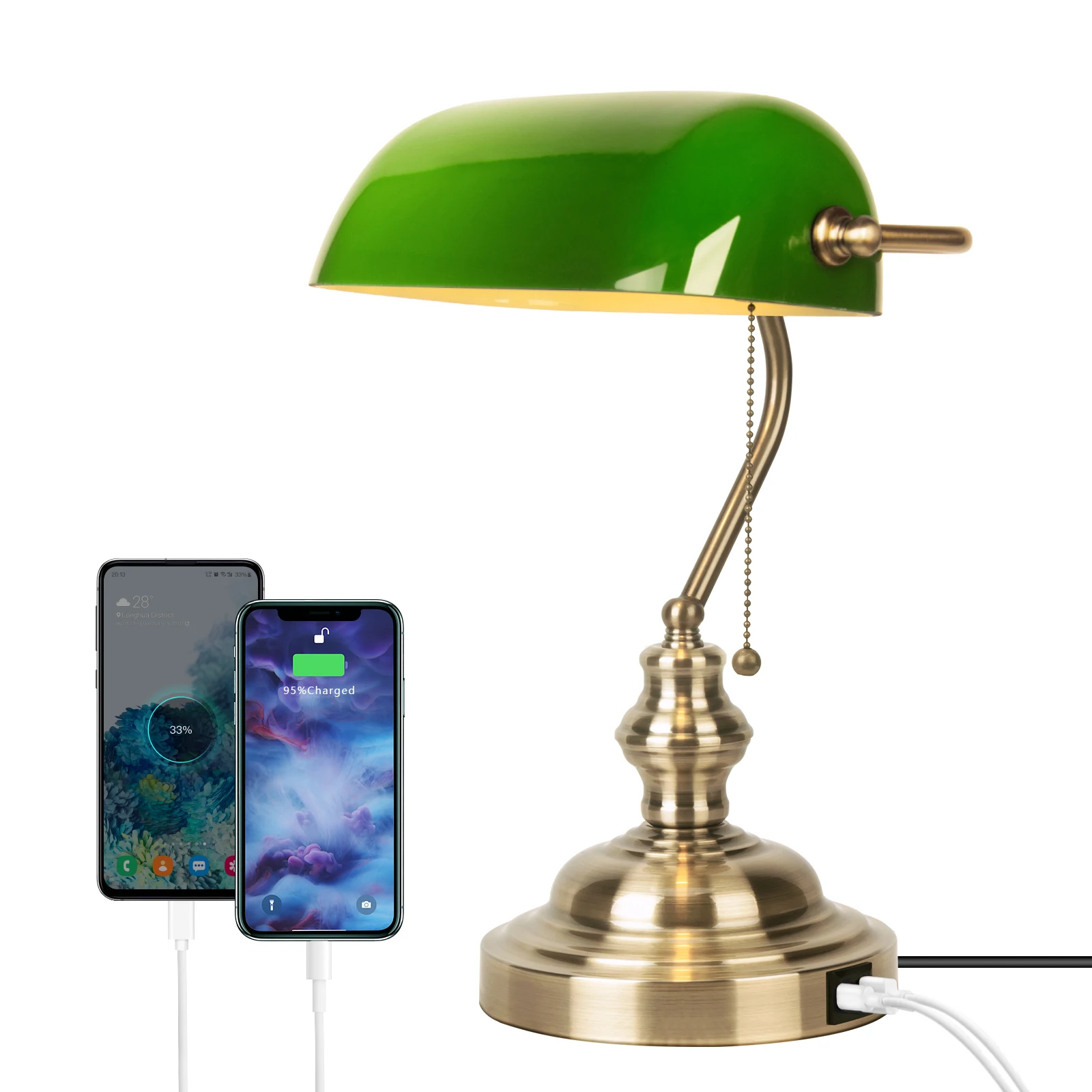 Bankerlampe aus grünem Glas mit 2 USB-Anschlüssen, Schreibtischlampe mit Zugkettenschalter und Messingfuß